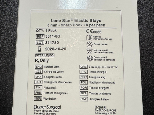 Label photo of Cooper Surgical 3311-8G Elastic Stays for Lone Star Retractor, 5mm