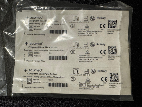 Label photo of Acumed 70-0025 Locking Calcaneal Plate, Medium, Right, Titanium