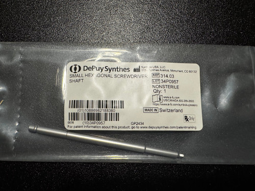 Label photo of Synthes 314.03 Screwdriver Shaft, Hex, 2.5mm, T15 (New)