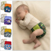 Baby wearing cloth diaper cover with multiple color options displayed alongside product