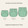 One size cloth diaper cover adjustable fit for babies 10 to 35 lbs with snap sizing system
