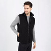 Engel men's organic merino wool fleece vest in black melange, worn over a grey wool base layer, front view with zip open