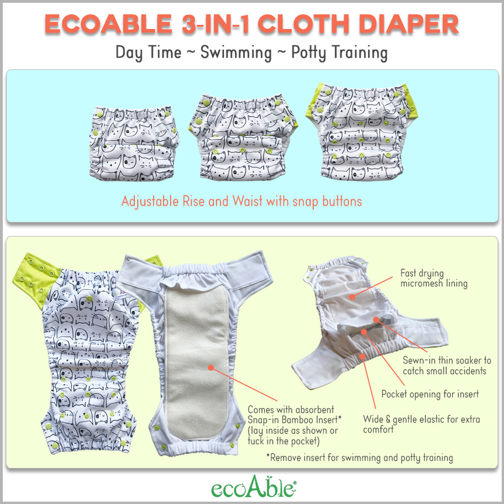 EcoAble 3-in-1 Hybrid Cloth Diaper - Reusable Training Pants or Reusable Swim Diaper, Baby to 10 Years