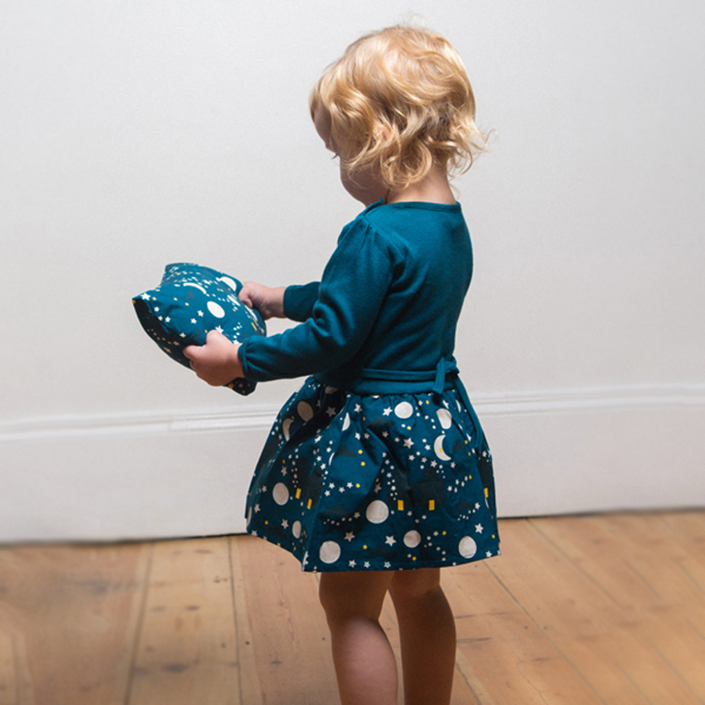 Little Green Radicals: Organic Cotton Girls Dress with Snap Button Closure and Moon & Stars Print