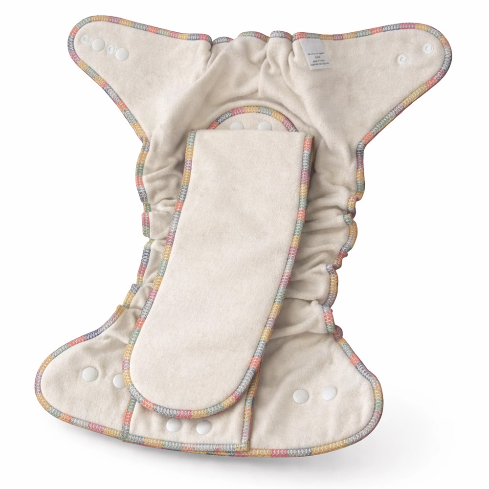 EcoAble hemp and cotton night fitted cloth diaper laid open with its insert, showing natural fiber throughout.
