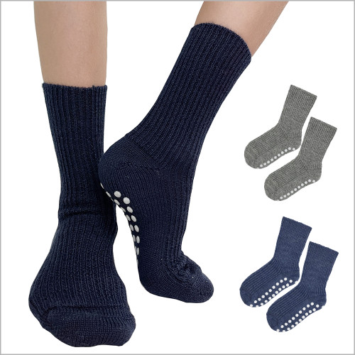 Hirsch Natur - Kids Socks with Grips: 3-pack 100% Organic Wool Socks for Girls and Boys, Size 1 – 8 Years