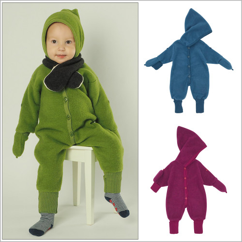 REIFF - Baby Thermal Coverall Romper with Hood and Mittens, 100% Organic Merino Wool Fleece