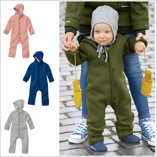 DISANA - Baby Thermal Snowsuit Romper with Hood and Foldable Cuffs, 100% Organic Boiled Wool
