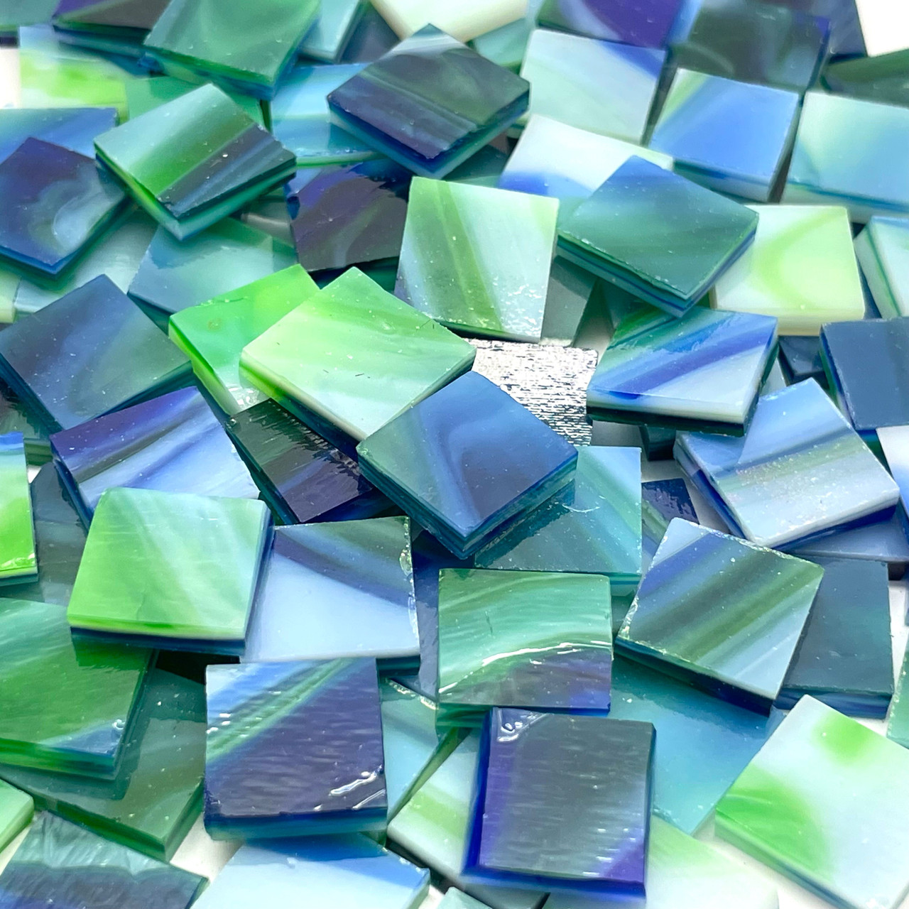 Blue, White & Green Stained Glass Mosaic Tiles