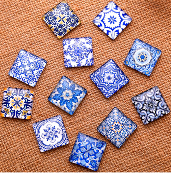 24 Blue Pottery Theme 3/8" Mini Square Glass Cabochons