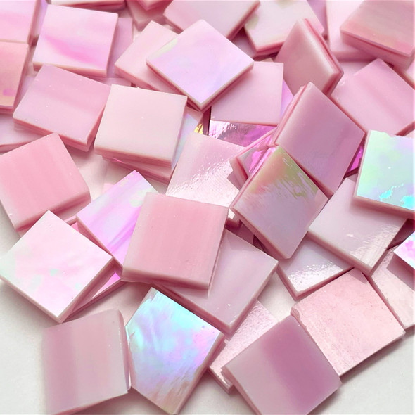 Pink & White Wispy Iridescent Stained Glass Mosaic Tile