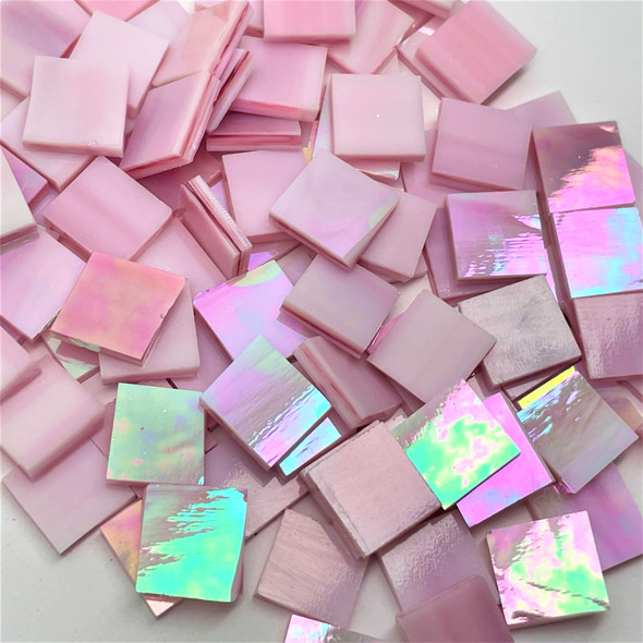 Pink & White Wispy Iridescent Stained Glass Mosaic Tile