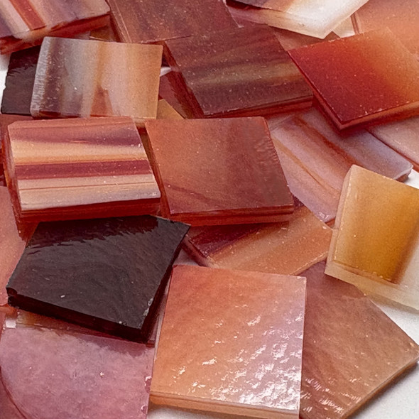 GGG 3/4" x 3/4" Grenadine & White Streaky Stained Glass Mosaic Tiles COE 96 (40 tiles)