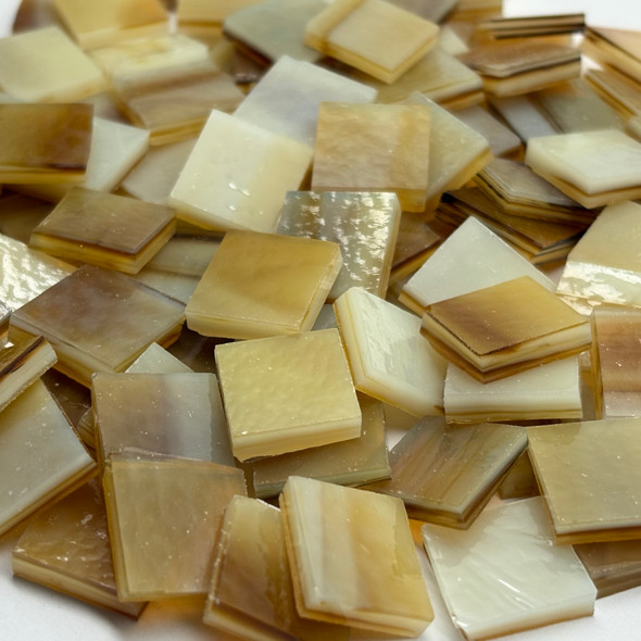 GGG 1/2" x 1/2" Root Beer Cream Streaky Stained Glass Mosaic Tiles COE 96 (100 tiles)