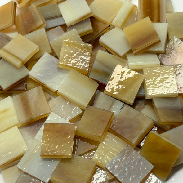 GGG 1/2" x 1/2" Root Beer Cream Streaky Stained Glass Mosaic Tiles COE 96 (100 tiles)