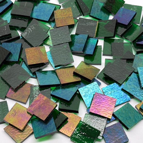 GGG 1/2" x 1/2" THIN Dark Green Iridescent Translucent Stained Glass Mosaic Tiles COE 96 (100 tiles)