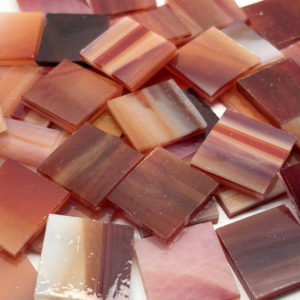 GGG 3/4" x 3/4" Grenadine & White Streaky Stained Glass Mosaic Tiles COE 96 (40 tiles)