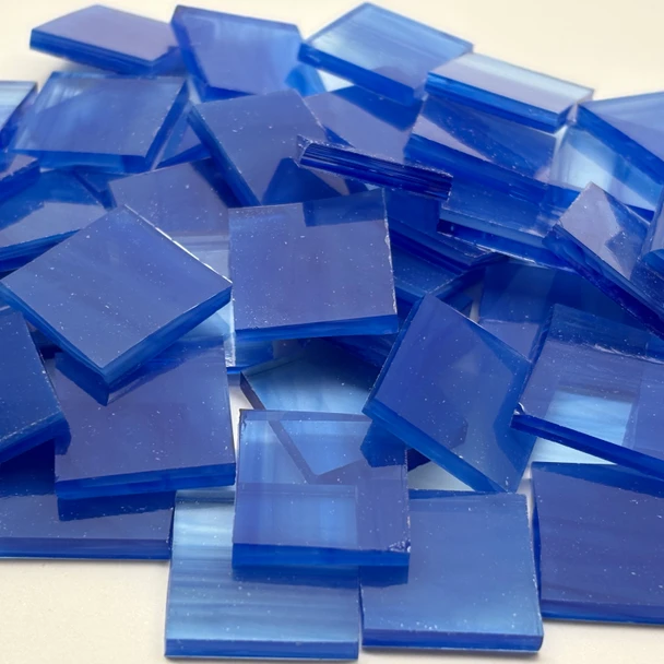 GGG 3/4" x 3/4" Cobalt Blue & Clear Wispy Stained Glass Mosaic Tiles COE 96 (40 tiles)