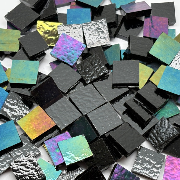 GGG 1/2" x 1/2" Black Iridescent Stained Glass Mosaic Tiles COE 96 (100 tiles)
