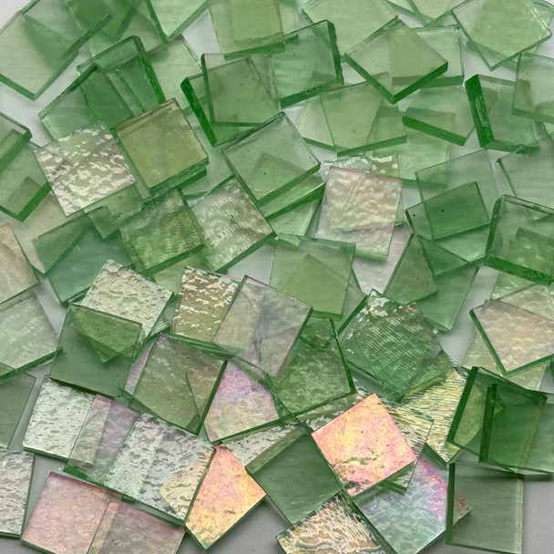 GGG 1/2" x 1/2" Citron Green Iridescent Translucent Stained Glass Mosaic Tiles COE 96 (100 tiles)
