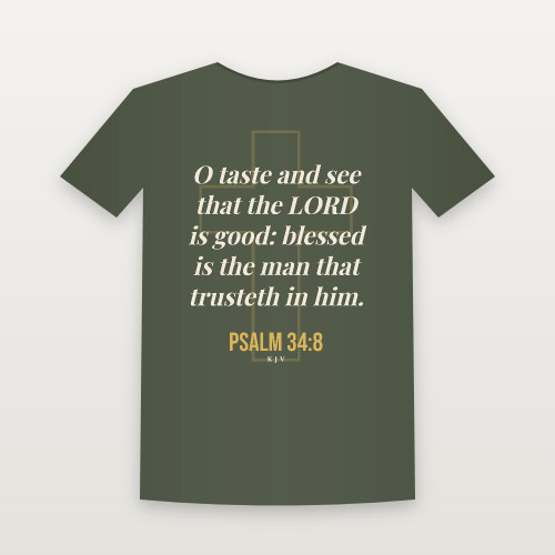 Psalm 34:8 KJV Christian Women's Relaxed Tee (Cross) - Military Green