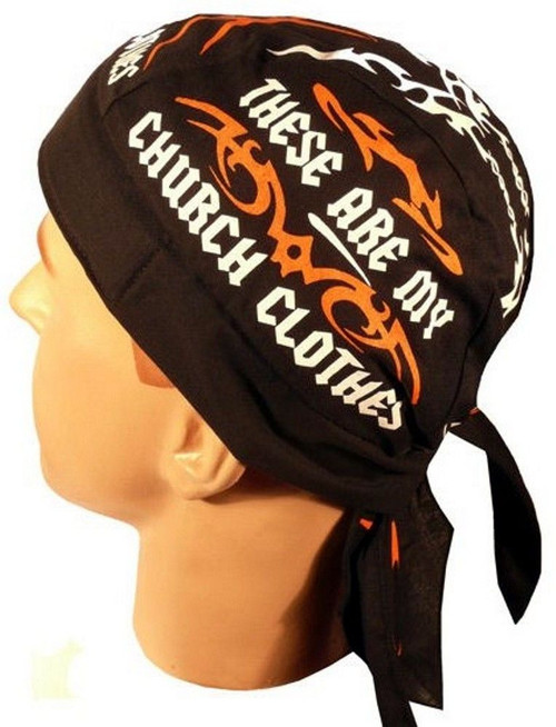 Product photo of the Church Clothes Christian Du Rag Skull Cap Bandanna Christian biker du rag and skull cap, showing the bold faith-based print design, available at Forever And Always in Farmerville, Louisiana.