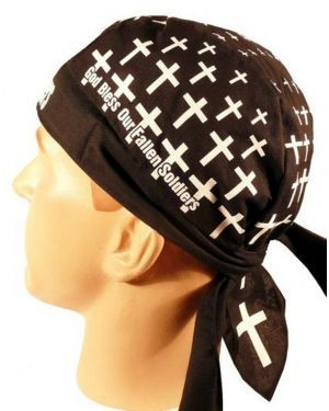 Product photo of the God Bless Fallen SoldiersChristian Du Rag Skull Cap Bandanna Christian biker du rag and skull cap, showing the bold faith-based print design, available at Forever And Always in Farmerville, Louisiana.