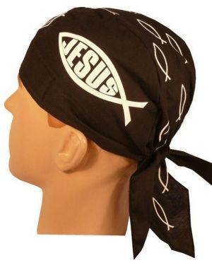 Product photo of the Jesus Fish Christian Du Rag Skull Cap Bandanna Christian biker du rag and skull cap, showing the bold faith-based print design, available at Forever And Always in Farmerville, Louisiana.