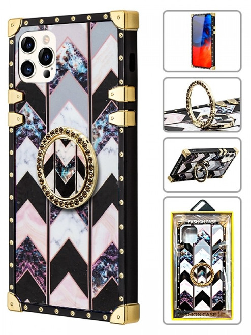 Product photo of the TPU CASE WITH KICKSTAND PL/BLK/WHT MARBLE CHEVRON PATTERN fashion phone case, showing the full design, color, and texture, available at Forever And Always Online.