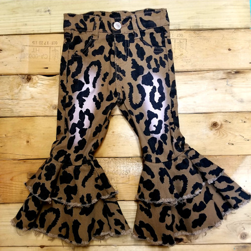 Product photo of the LEOPARD PRINT BELL BOTTOM JEANS baby outfit, showing the full set, print, and fabric, available at Forever And Always Online.