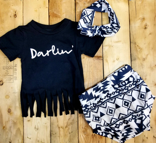 Product photo of the DARLIN' SET WITH HEADBAND baby outfit, showing the full set, print, and fabric, available at Forever And Always Online.