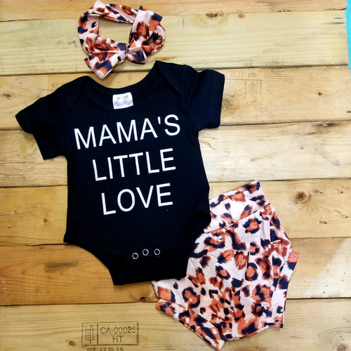 Product photo of the MAMA'S LITTLE LOVE LEOPARD SET W/HEADBAND baby outfit, showing the full set, print, and fabric, available at Forever And Always Online.