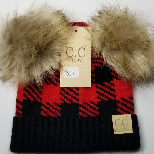Product photo of the BABY C.C BEANIE BLACK/RED baby beanie hat, showing the soft knit fabric, color, and pom pom detail, available at Forever And Always Online.