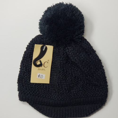 Product photo of the BABY C.C BEANIE w/BRIM BLACK baby beanie hat, showing the soft knit fabric, color, and pom pom detail, available at Forever And Always Online.