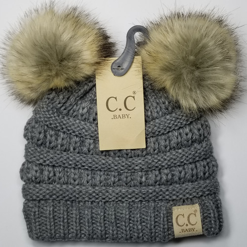 Product photo of the BABY C.C BEANIE POM POM LT GREY baby beanie hat, showing the soft knit fabric, color, and pom pom detail, available at Forever And Always Online.