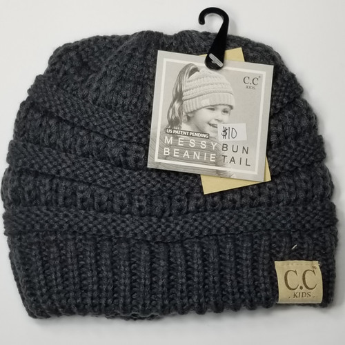 Product photo of the KIDS C.C MESSY BUN BEANIE DK MEL GRY baby beanie hat, showing the soft knit fabric, color, and pom pom detail, available at Forever And Always Online.