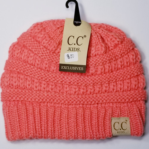 Product photo of the KIDS C.C BEANIE CORAL baby beanie hat, showing the soft knit fabric, color, and pom pom detail, available at Forever And Always Online.