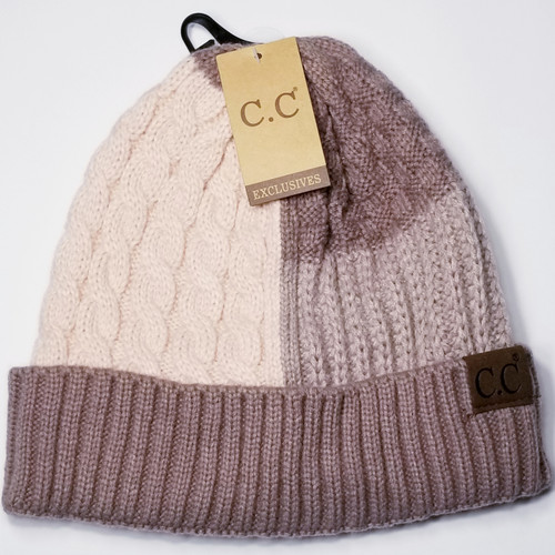 Product photo of the C.C BEANIE ROSE/TAUPE baby beanie hat, showing the soft knit fabric, color, and pom pom detail, available at Forever And Always Online.