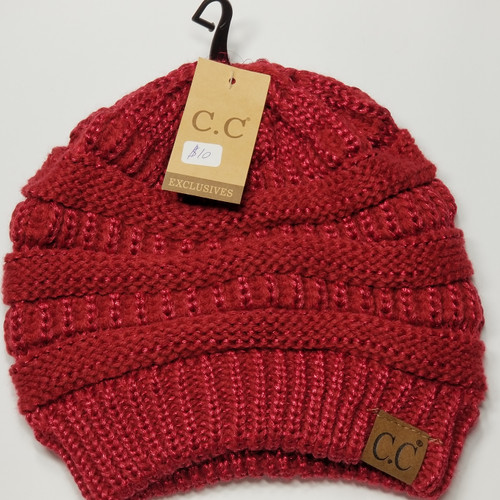Product photo of the C.C BEANIE METALLIC BURGUNDY baby beanie hat, showing the soft knit fabric, color, and pom pom detail, available at Forever And Always Online.