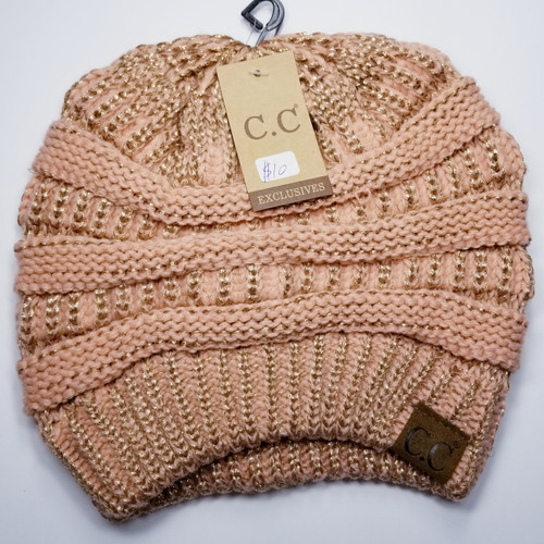 Product photo of the C.C BEANIE METALLIC PEACH baby beanie hat, showing the soft knit fabric, color, and pom pom detail, available at Forever And Always Online.