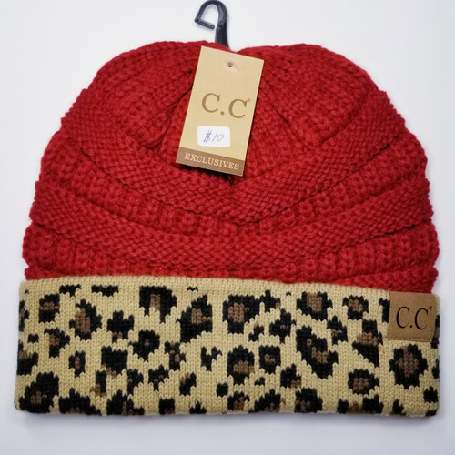 Product photo of the C.C BEANIE RED/LEOPARD CUFF baby beanie hat, showing the soft knit fabric, color, and pom pom detail, available at Forever And Always Online.