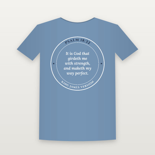 Psalm 18:32 KJV Christian Short Sleeve Tee (Round Badge) - Heather Blue