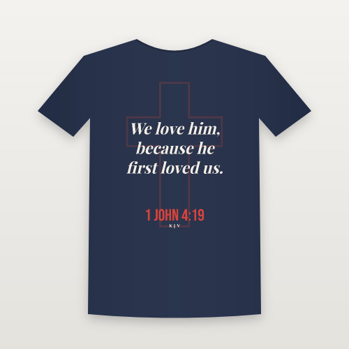 1 John 4:19 KJV Christian Women's Relaxed Tee (Cross) - Navy