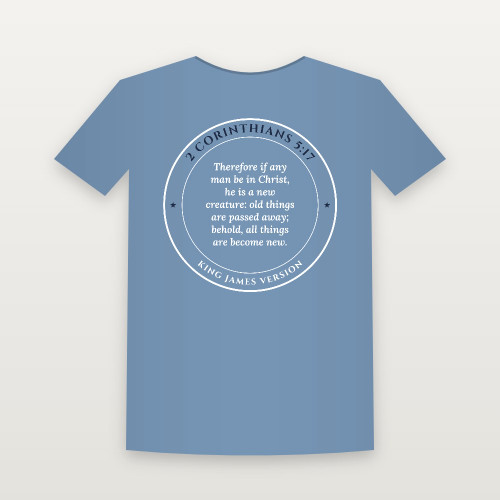 2 Corinthians 5:17 KJV Christian Short Sleeve Tee (Round Badge) - Heather Blue