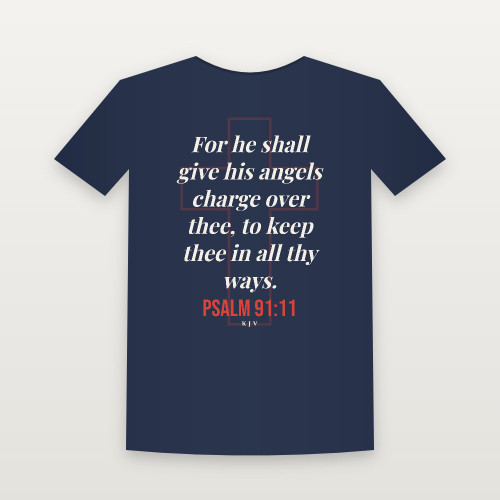 Psalm 91:11 KJV Christian Short Sleeve Tee (Cross) - Navy