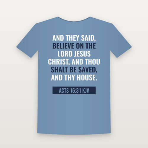 Acts 16:31 KJV Christian Short Sleeve Tee (Bold Type) - Heather Blue