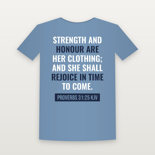 Proverbs 31:25 KJV Christian Short Sleeve Tee (Bold Type) - Heather Blue