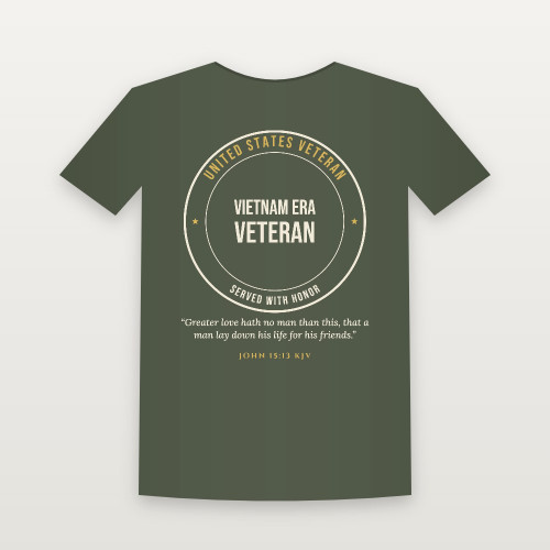 Vietnam Era Veteran Short Sleeve Tee with John 15:13 (Badge) - Military Green