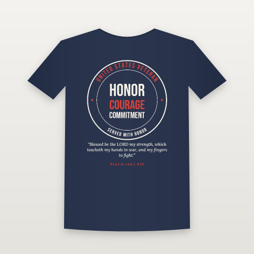 Honor · Courage · Commitment Veteran Short Sleeve Tee with Psalm 144:1 (Badge) - Navy