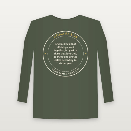 Romans 8:28 KJV Christian Long Sleeve Tee (Round Badge) - Military Green